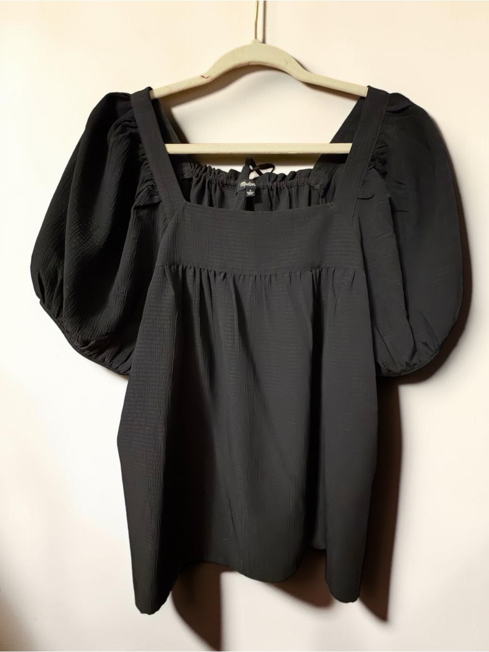 Madewell Black Babydoll Top Size Large Square Neck Puff Sleeve Textured Blouse